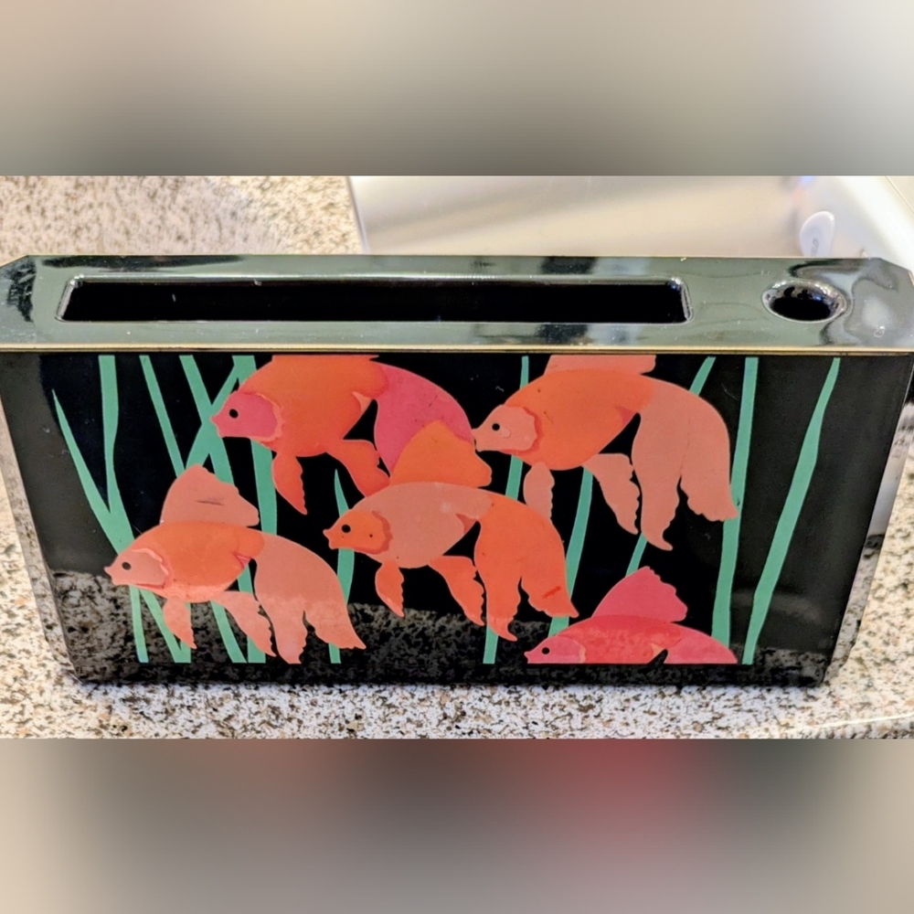 Vintage Otagiri Japan Black Lacquer Memo Pad & Pencil Holder Box Fish Design
